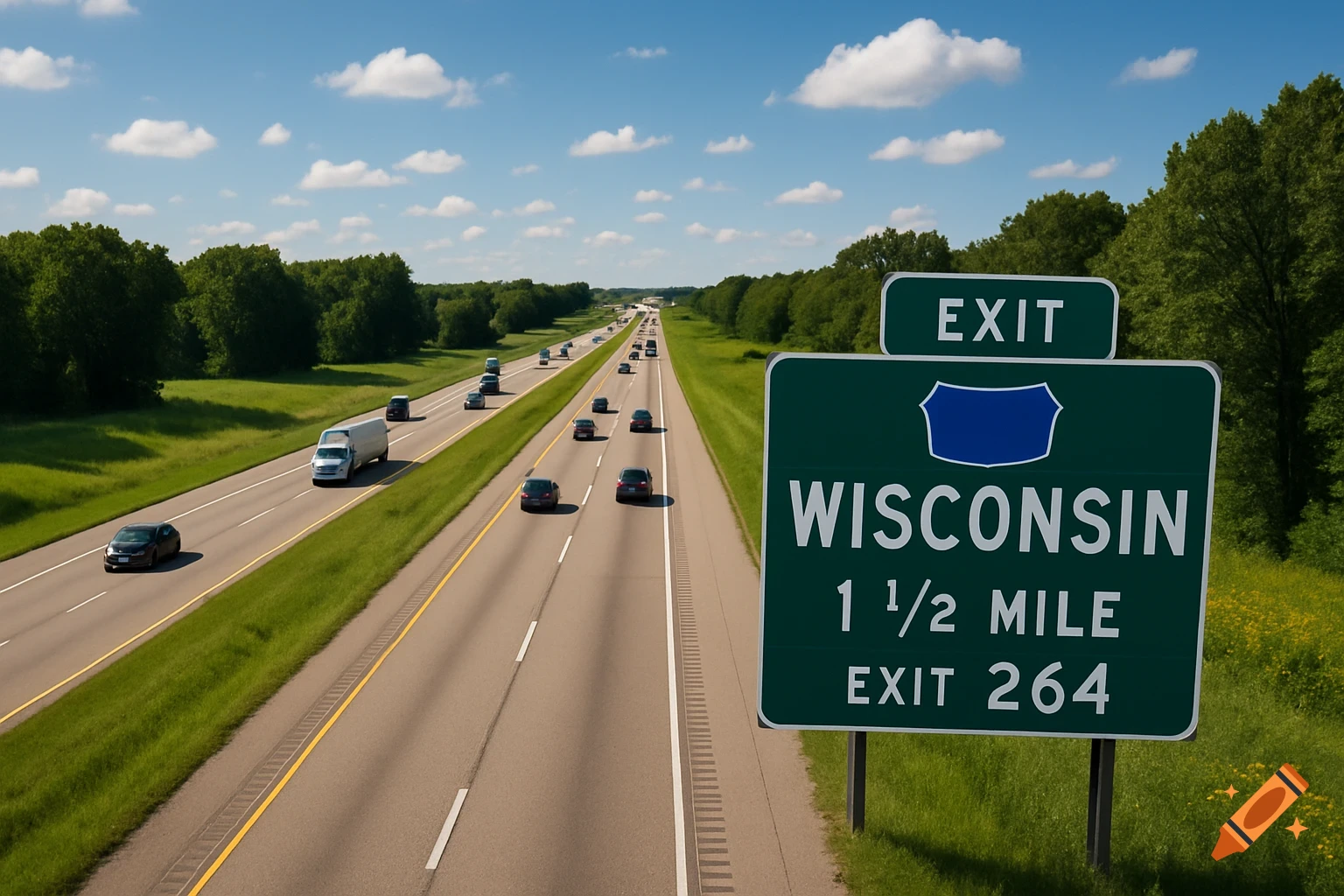 A photorealistic image of a highway with cars and a green Wisconsin exit sign under a blue sky.