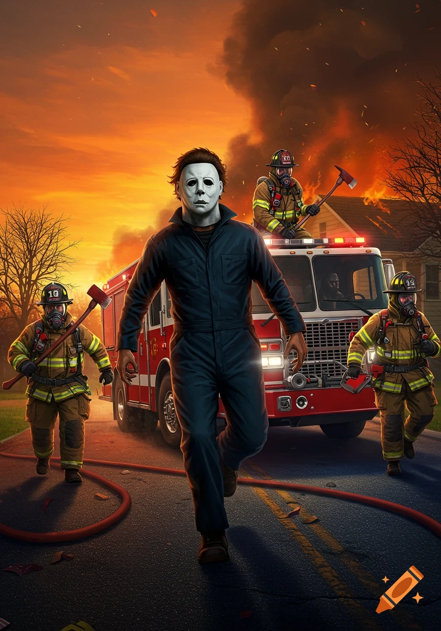 Michael Myers runs from a speeding fire truck with pursuing firefighters, against a backdrop of a burning house and orange sky, in a detailed comic book-style illustration.
