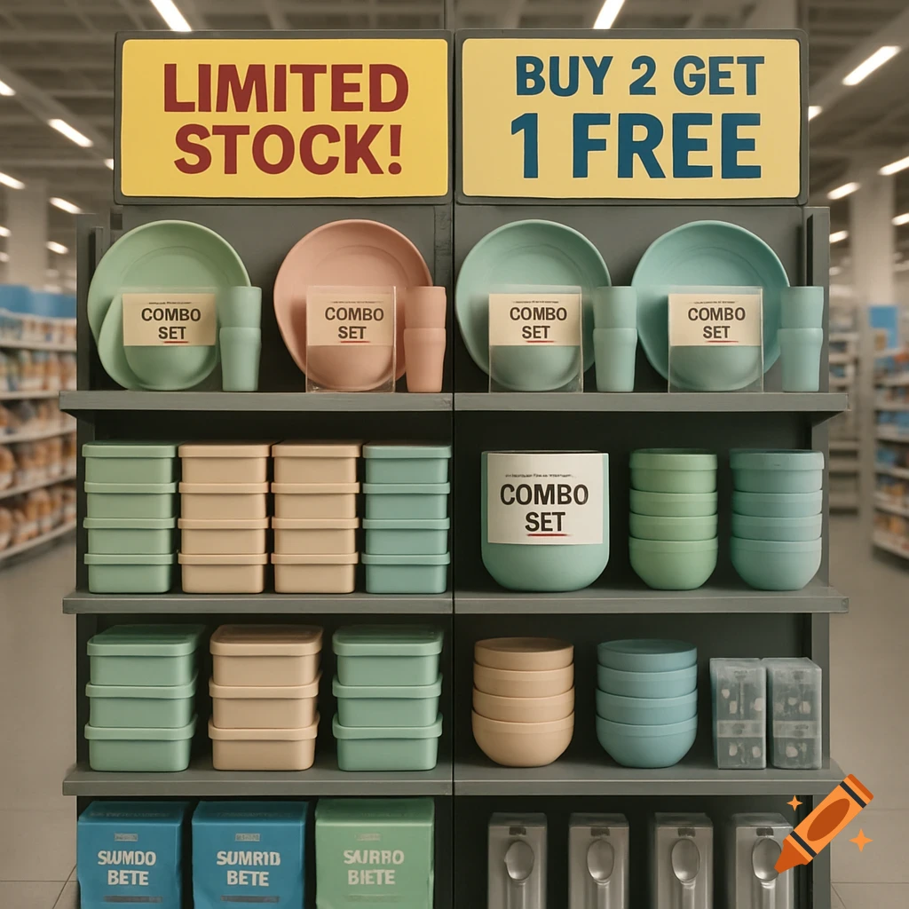 Photorealistic image of a retail shelf display featuring pastel-colored kitchenware products, with 'Limited Stock!' and 'Buy 2 Get 1 Free' signage.