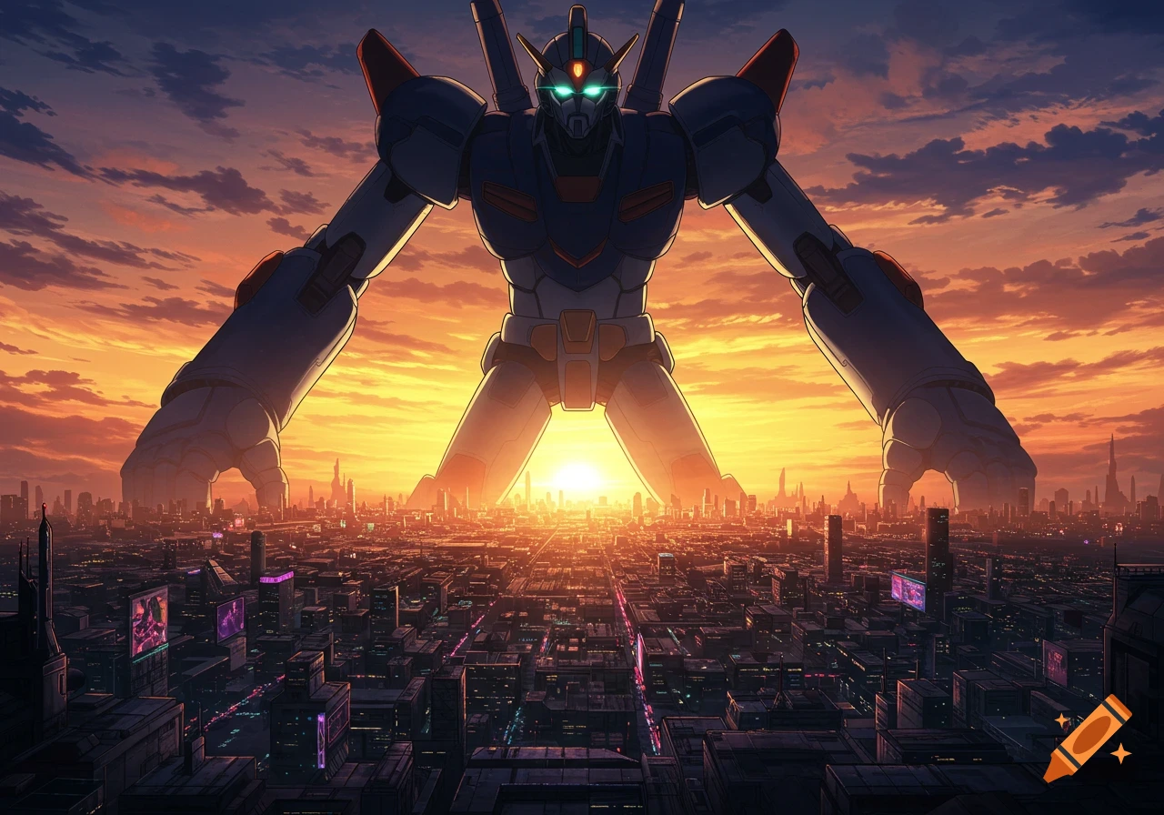 A colossal anime robot with glowing green eyes stands over a futuristic city during a vibrant sunset.