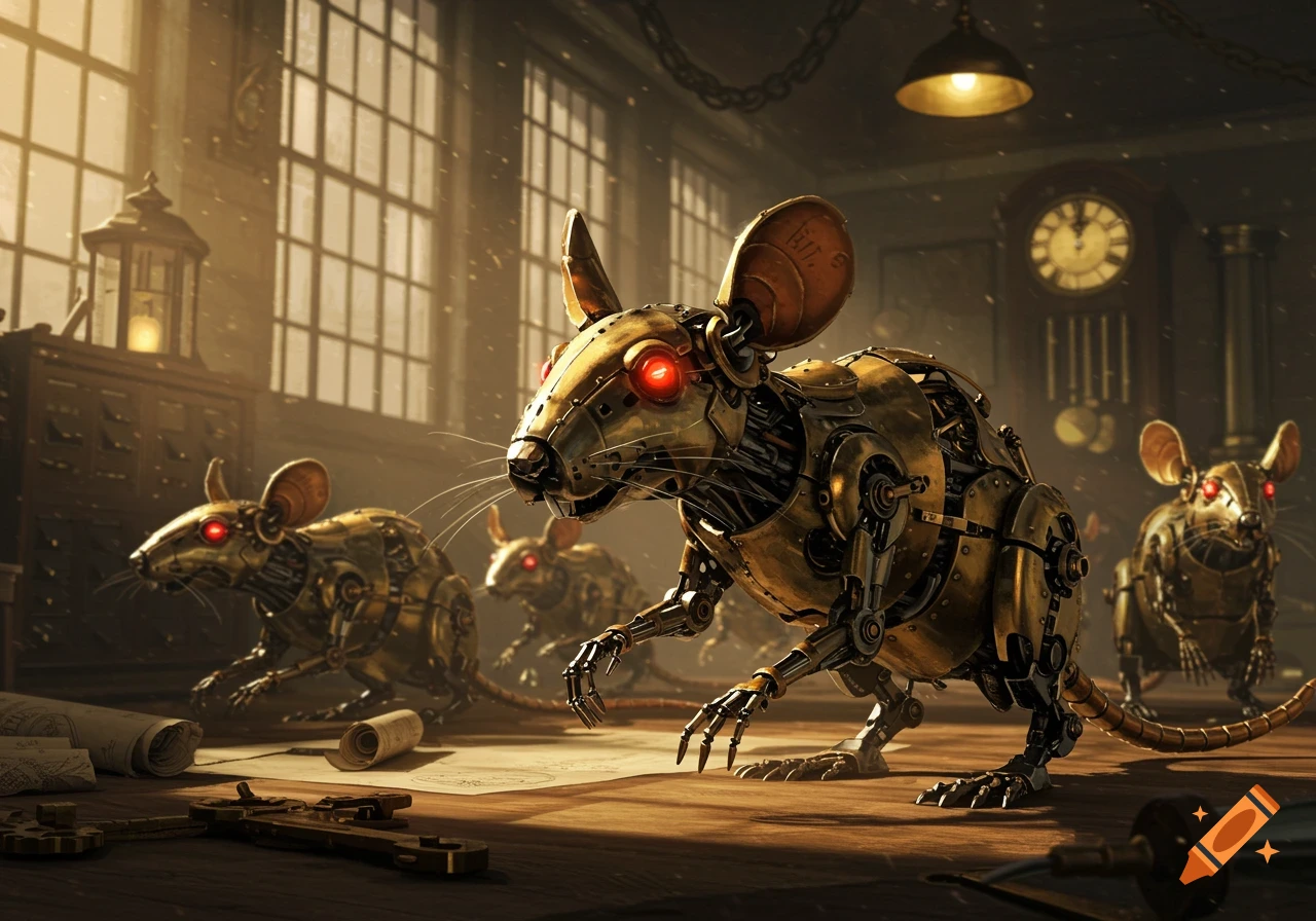 Metallic clockwork rats with glowing red eyes in a dimly lit, industrial workshop.