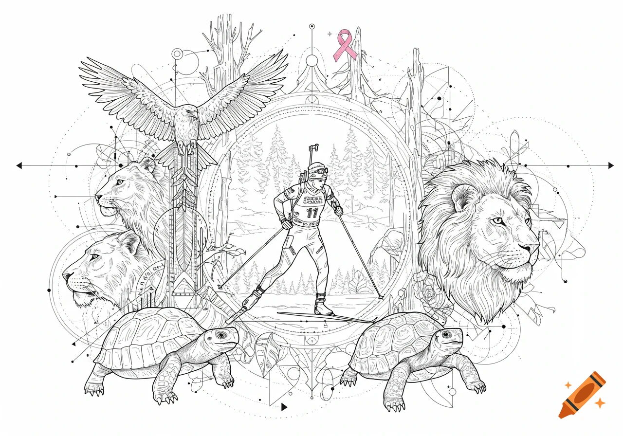 A detailed fine line drawing featuring a biathlete, an eagle, two lions, and two tortoises surrounded by geometric patterns and trees, with a pink ribbon.