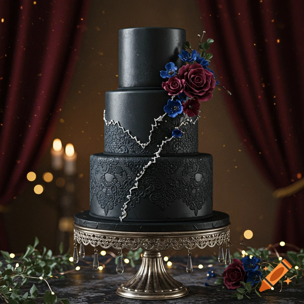 A three-tier black wedding cake with lace patterns and red and blue flowers, on a gold stand, in an elegant, dimly lit setting.