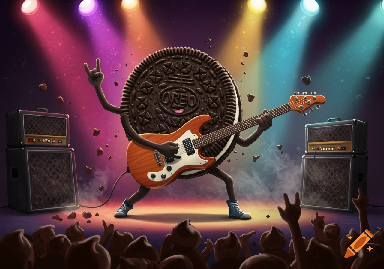 A cartoon Oreo cookie with arms and legs plays an electric guitar on stage under colorful spotlights, with an audience in the foreground.