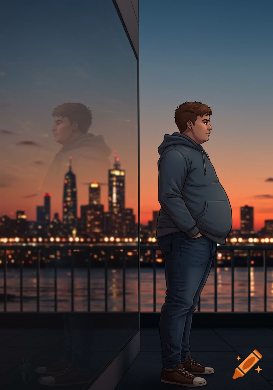 An overweight man in a hoodie stands on a balcony looking at a city skyline at sunset in an illustration style.