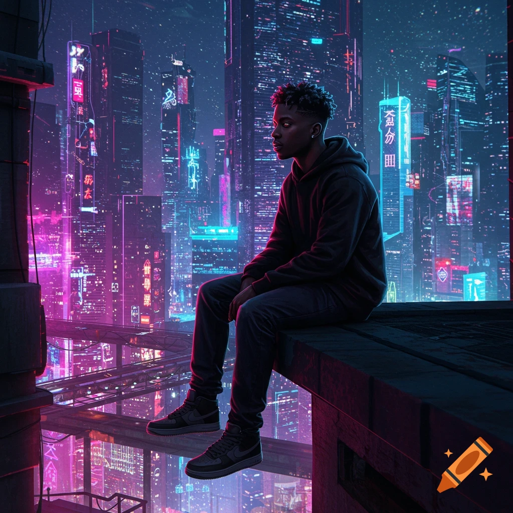 A young man with dreadlocks sits on a rooftop overlooking a vibrant neon-lit cyberpunk city at night.