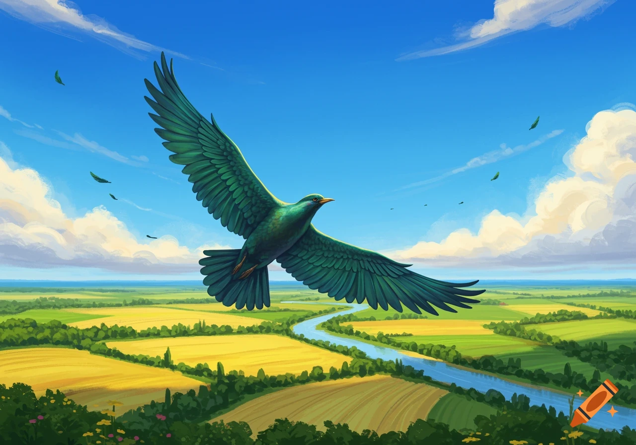 A large green bird with wide wings soars over a vibrant landscape of yellow and green fields, a winding river, and a bright blue sky with white clouds.