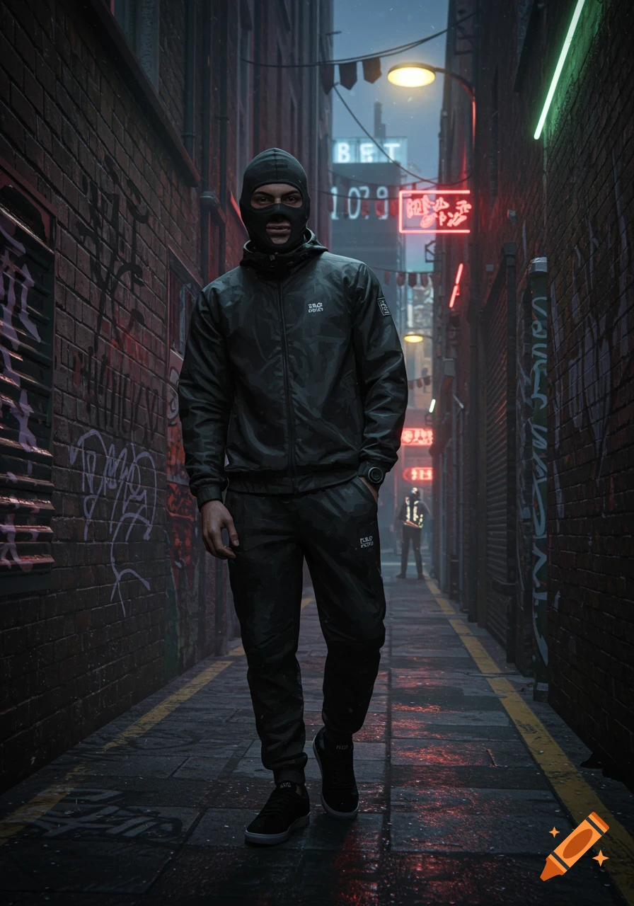 A person in a black tracksuit and full-face balaclava stands in a narrow, neon-lit urban alleyway at night, surrounded by graffiti.