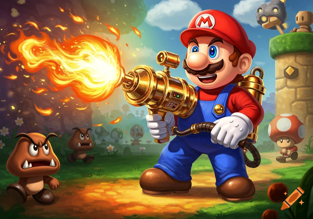 Mario in a vibrant, stylized landscape, wielding a golden flamethrower against angry Goombas.