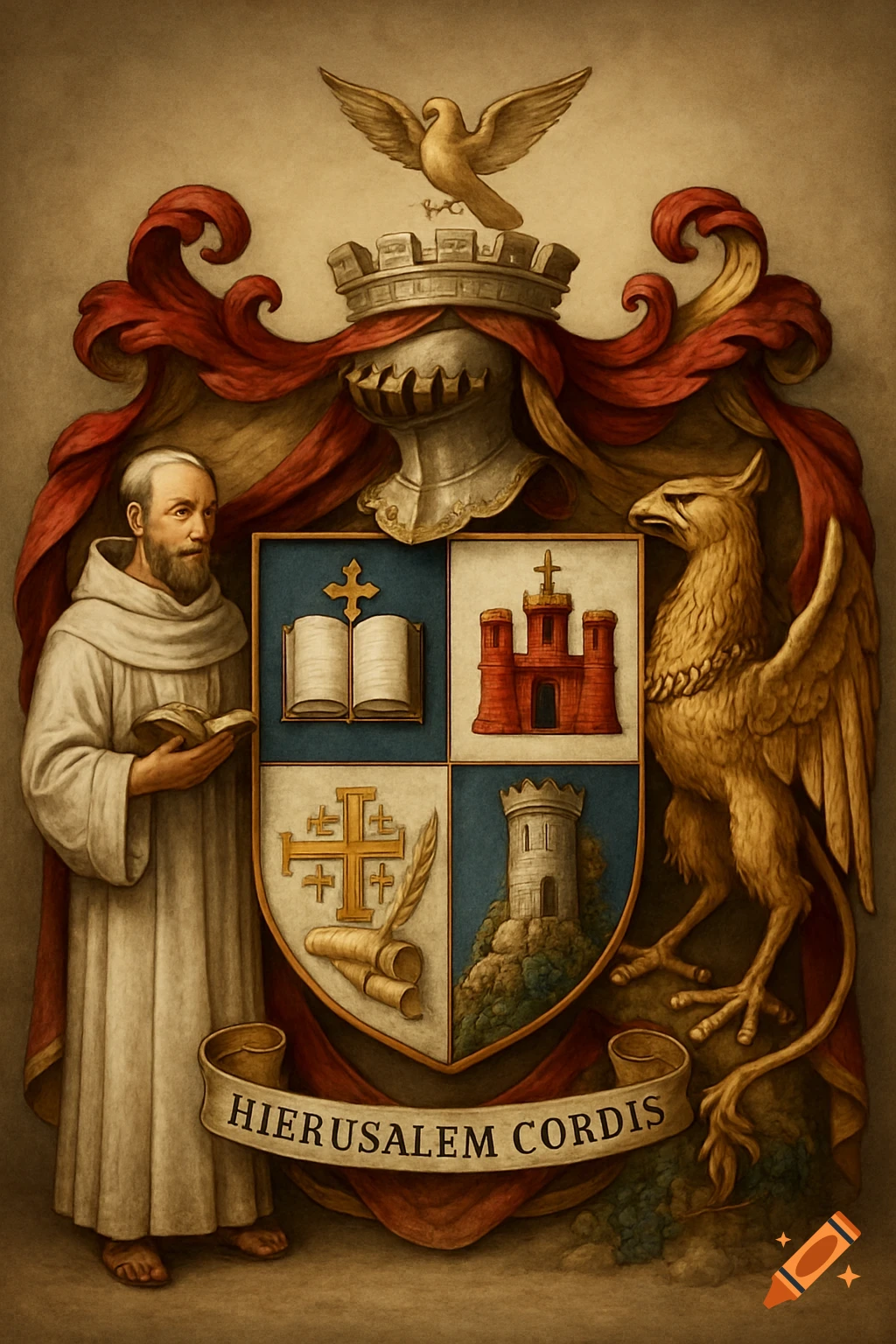 An elaborate medieval-style coat of arms with a quartered shield, supported by a monk and a golden griffin. Features religious symbols, a castle, and a watchtower, with 'Hierusalem Cordis' on a scroll.