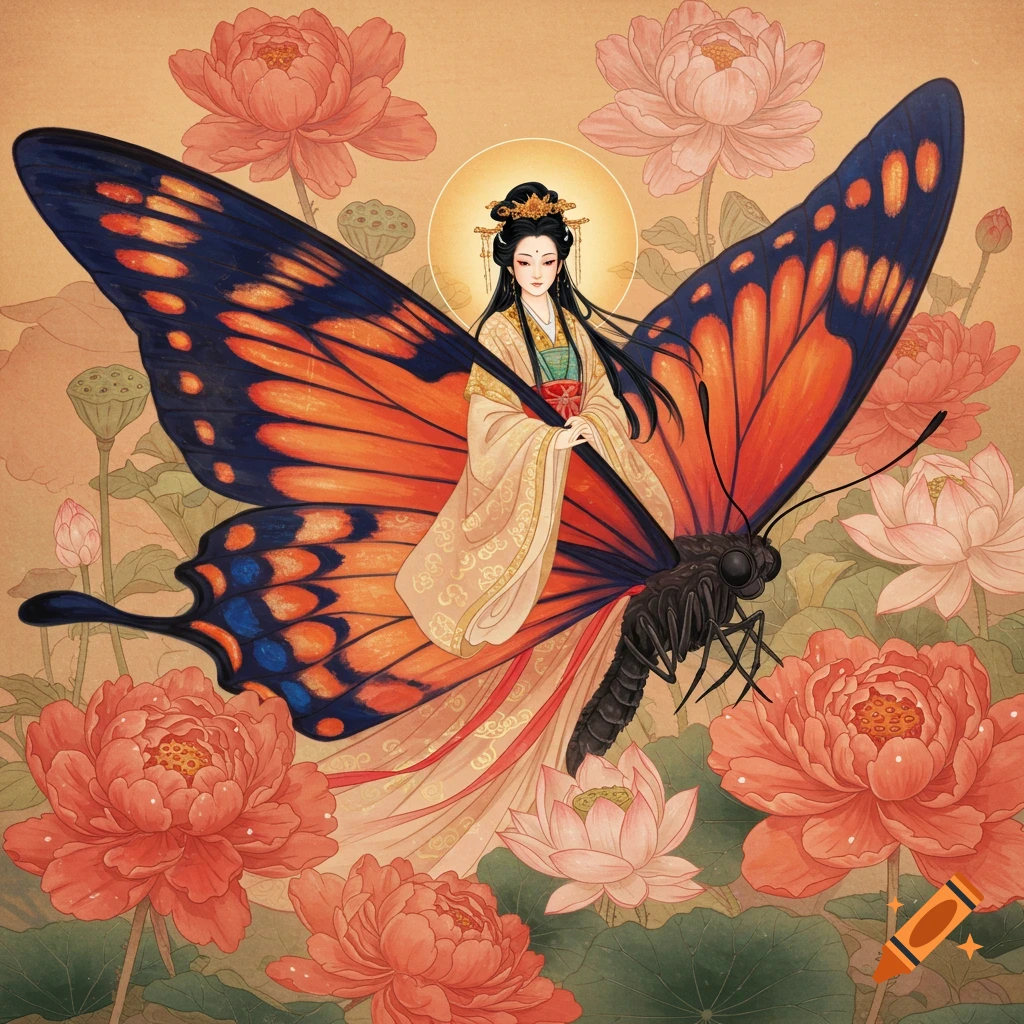 A Chinese princess with butterfly wings, wearing traditional attire, stands on a large butterfly surrounded by coral-colored peonies and lotus flowers in a traditional painting style.