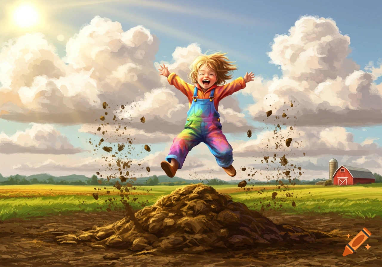An illustrated happy child in rainbow overalls jumps high over a dirt pile in a farm field with a barn in the background.