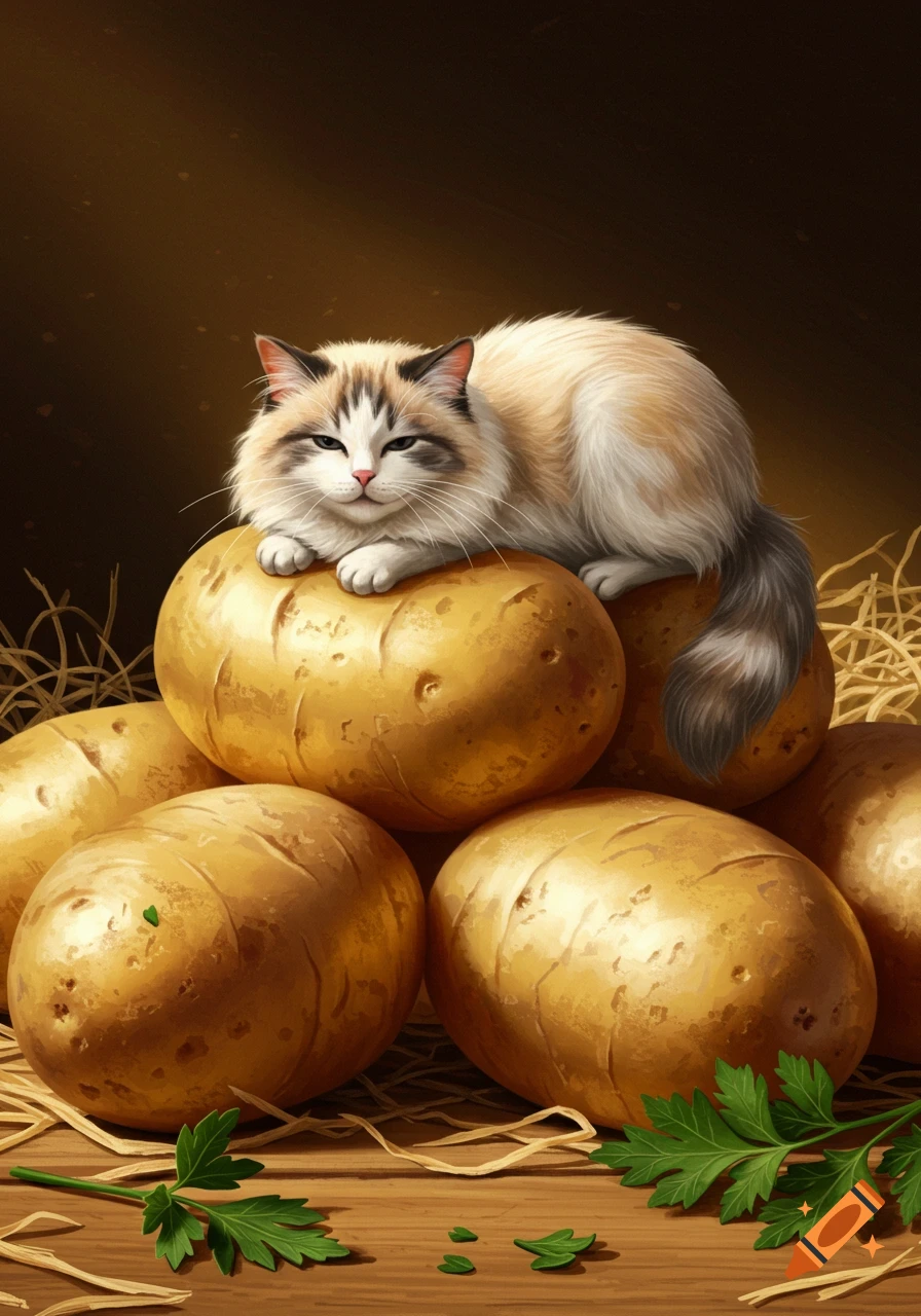 A fluffy, multicolored cat rests atop a pile of golden potatoes, surrounded by straw and parsley on a wooden table. Illustrative style.
