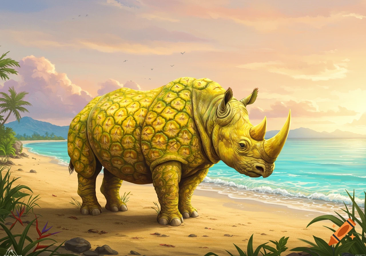 A whimsical pineapple-skinned rhinoceros stands on a sandy tropical beach with palm trees and a blue ocean.
