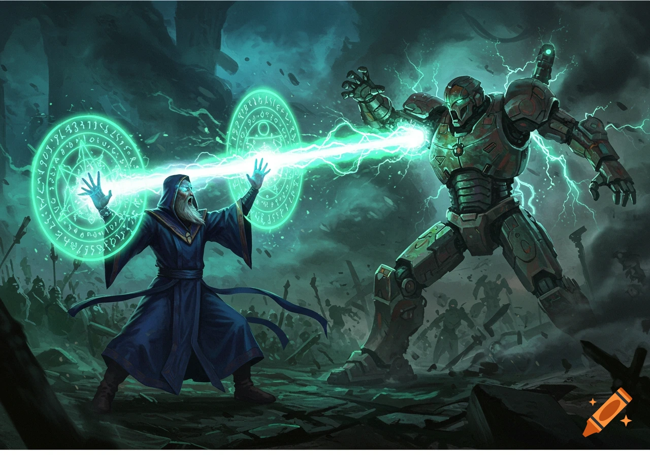 A powerful wizard in a blue robe unleashes a green magic beam at a large armored robot during a chaotic battle.