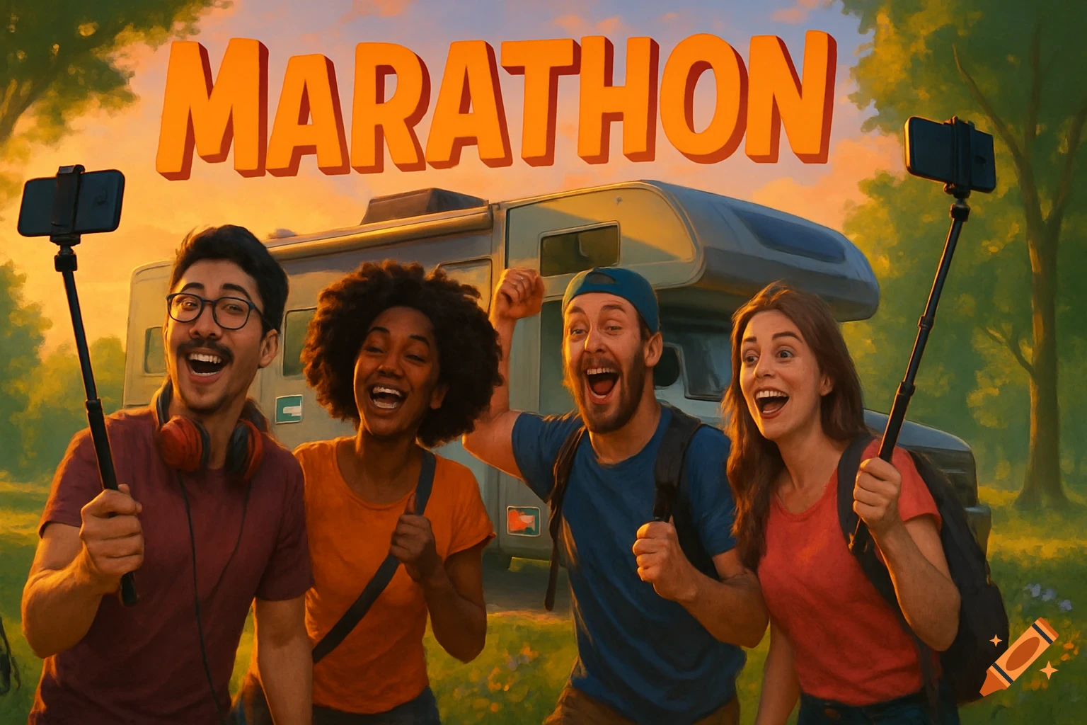 Four happy friends hold selfie sticks in front of an RV with 'MARATHON' text overhead, in a painterly style.