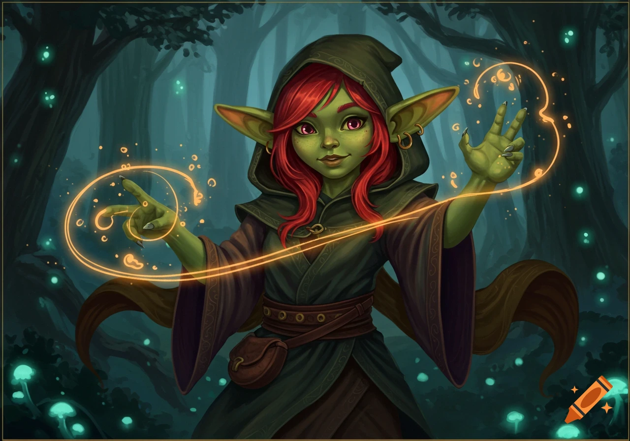A cute green-skinned goblin mage with red hair in a dark hooded robe casts magic with glowing swirls in a mystical forest, digital art.