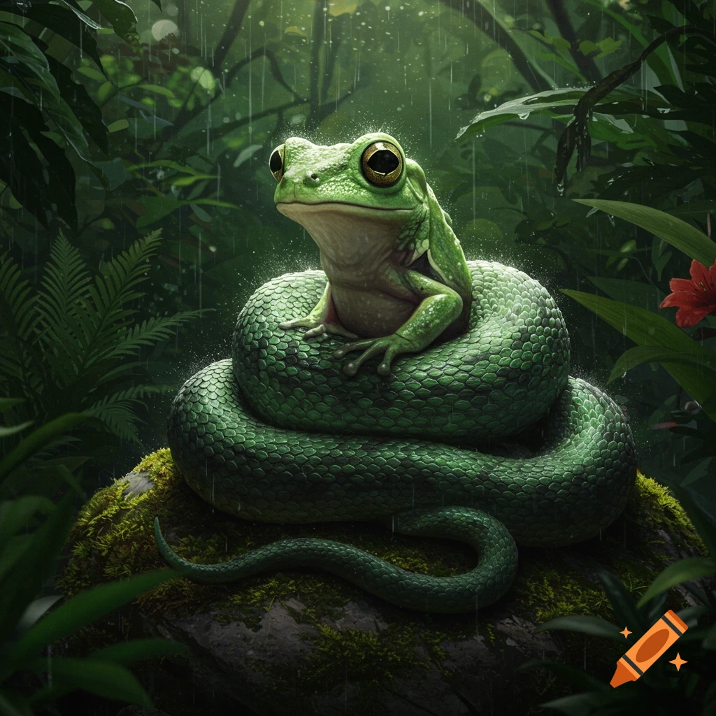 A vibrant green frog rests on a coiled green snake amidst lush jungle foliage, with light dappling through the leaves.