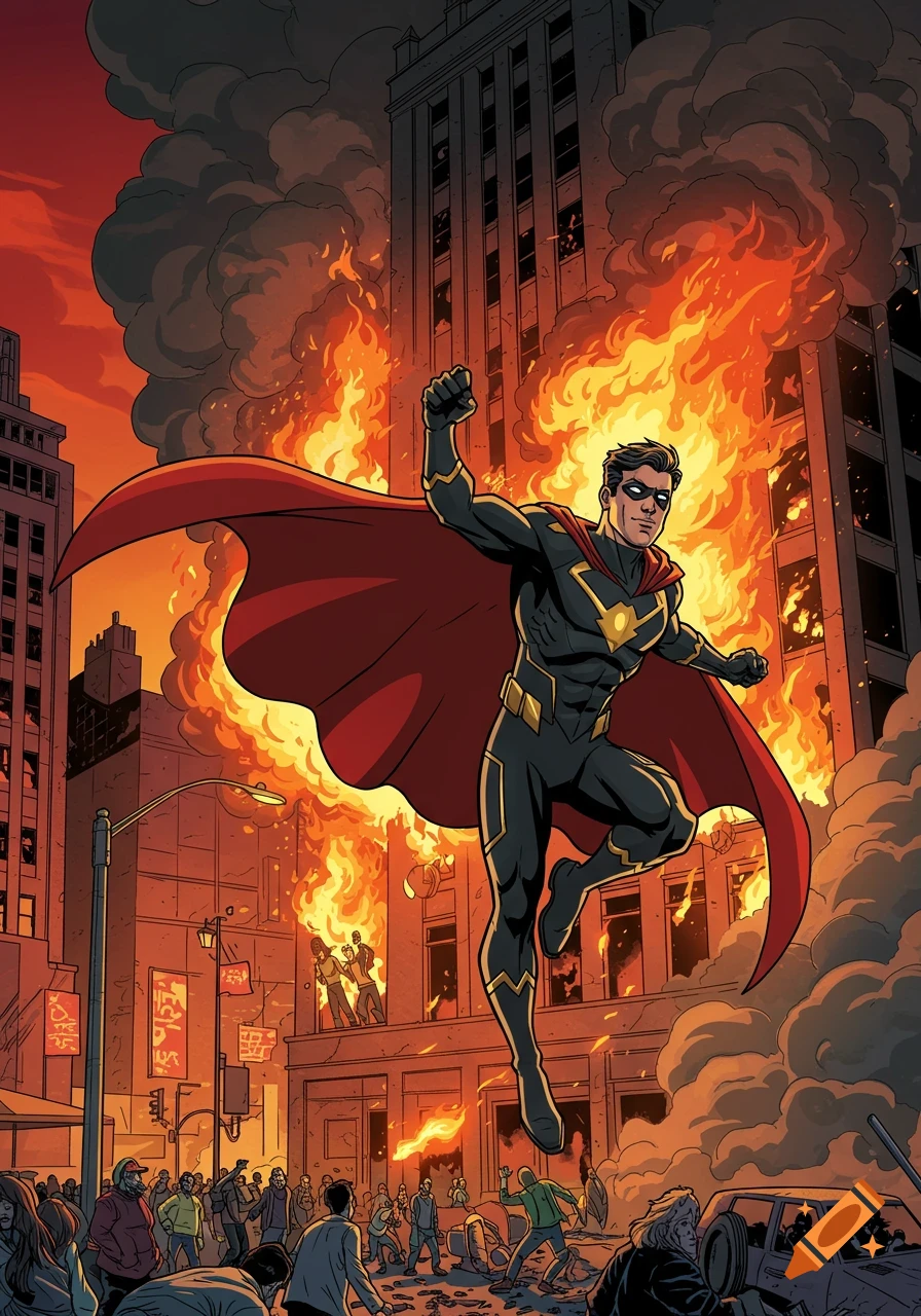 A cartoon style superhero in a black and red suit leaps through the air in front of burning buildings, with people on a city street below.