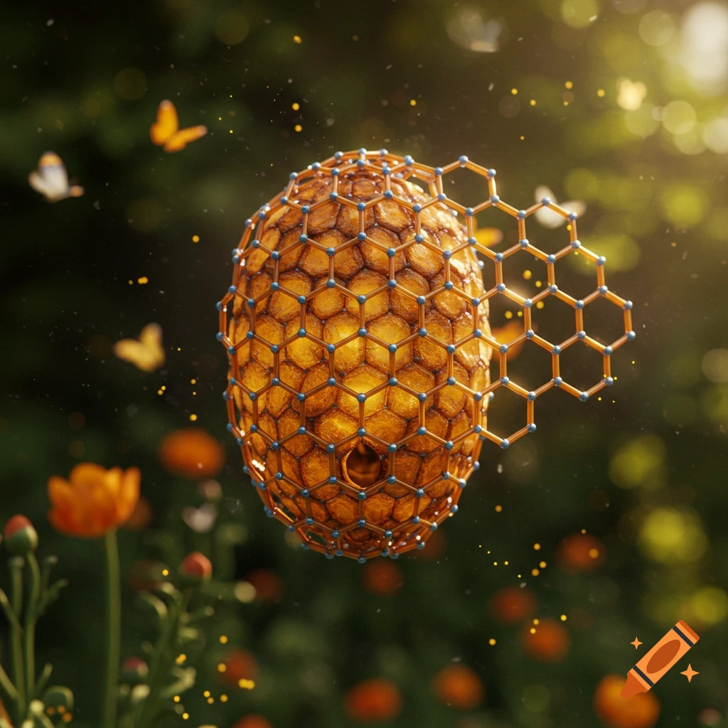 A glowing, stylized beehive constructed from golden honeycomb hexagons with blue nodes, floating in a sunny garden with butterflies.