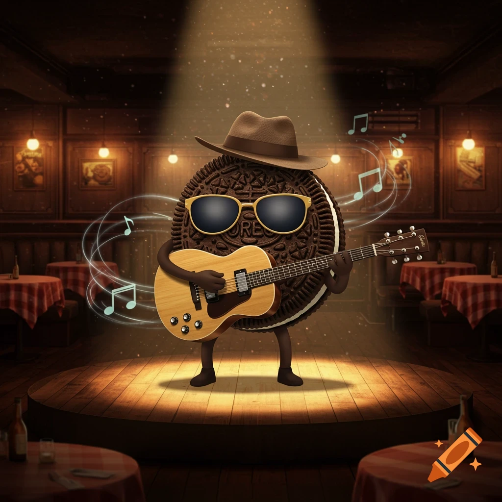 An anthropomorphic Oreo cookie wearing a brown hat and sunglasses plays an acoustic guitar on a spotlighted stage in a dimly lit bar, with musical notes floating around.