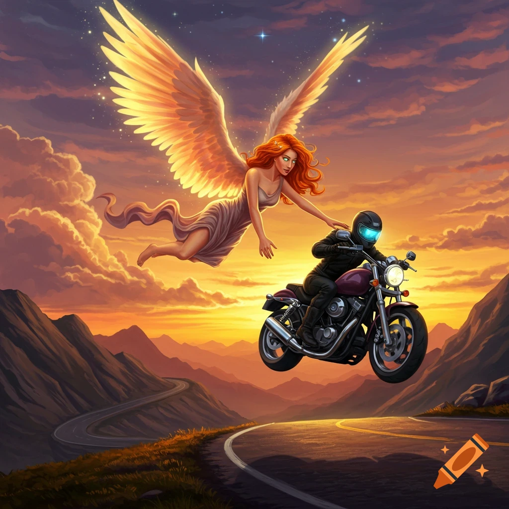 An illustration of a red-haired angel flying above a motorcycle rider on a winding mountain road at sunset.