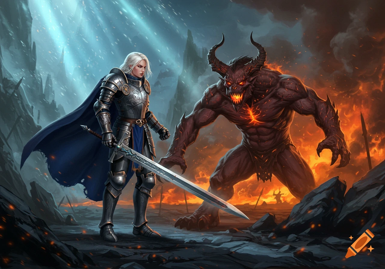 A paladin in full plate armor wields a greatsword, confronting a large, red demonic beast amidst a fiery and icy landscape.