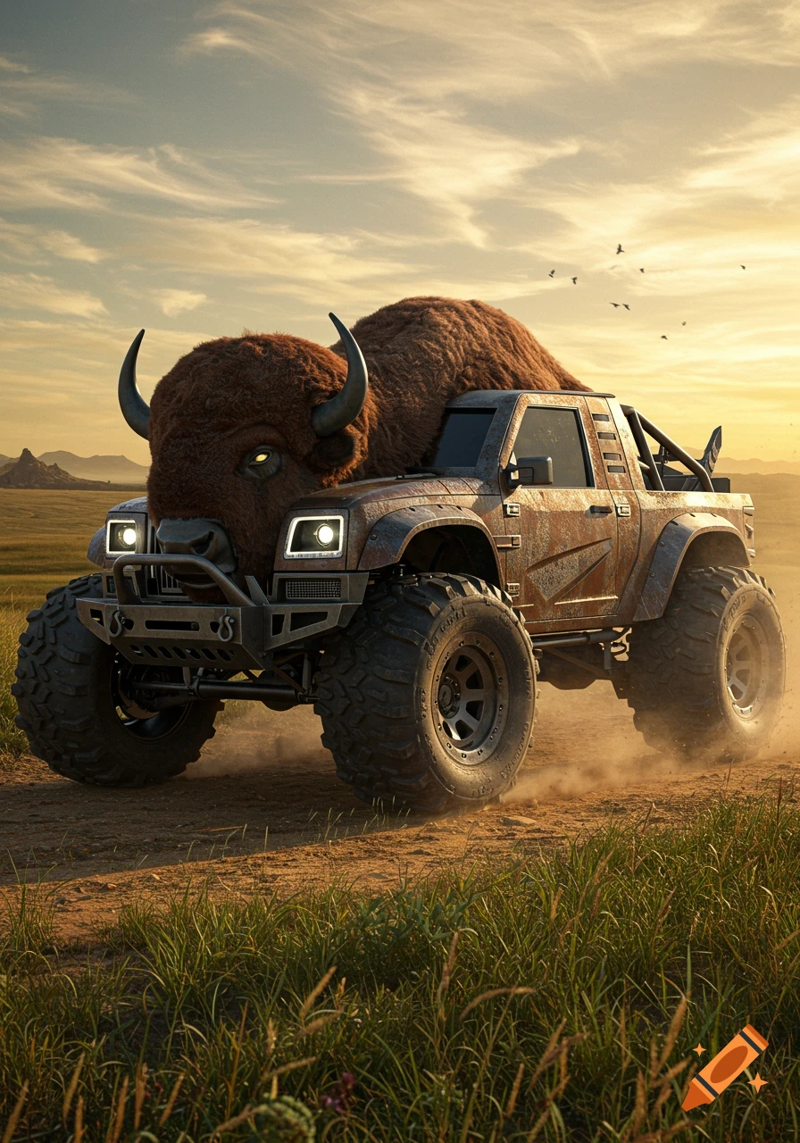 A rugged, custom offroad monster truck with a large brown bison head replacing its front, driving on a dirt road at sunset.
