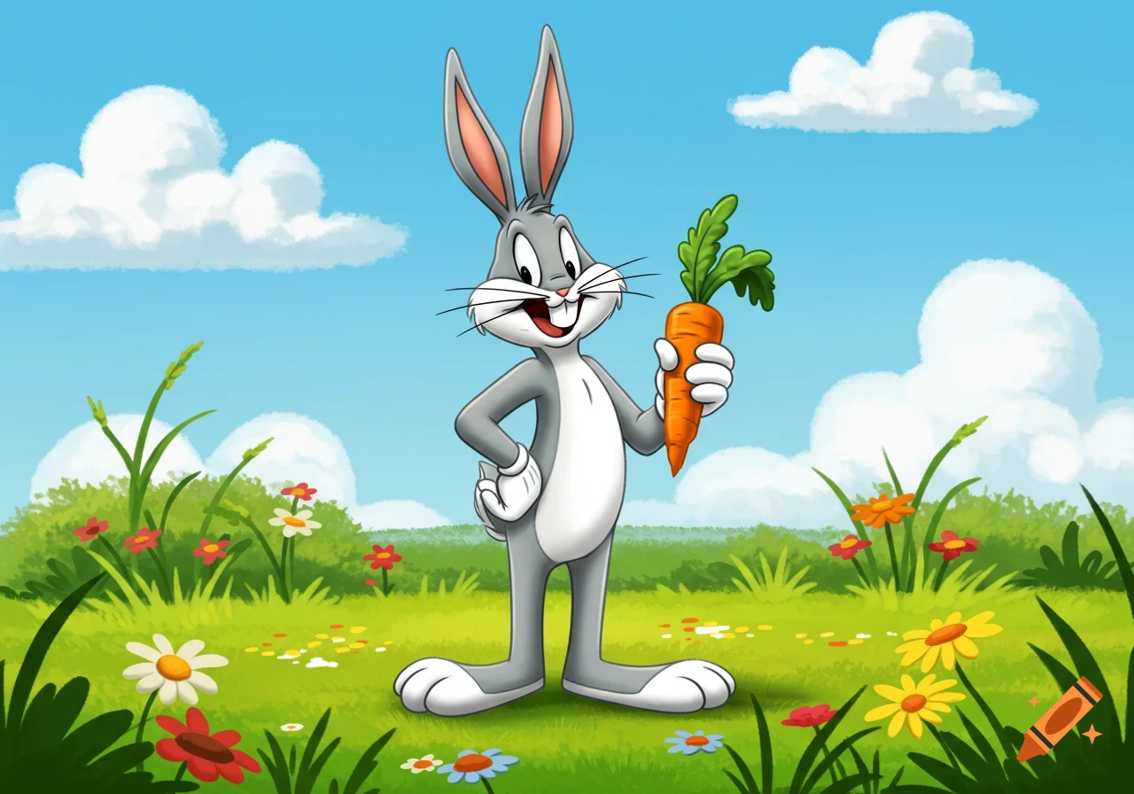 Bugs Bunny, a gray rabbit with a white chest, stands smiling and holding a carrot in a vibrant green field with colorful flowers under a blue sky with white clouds, in a cartoon style.