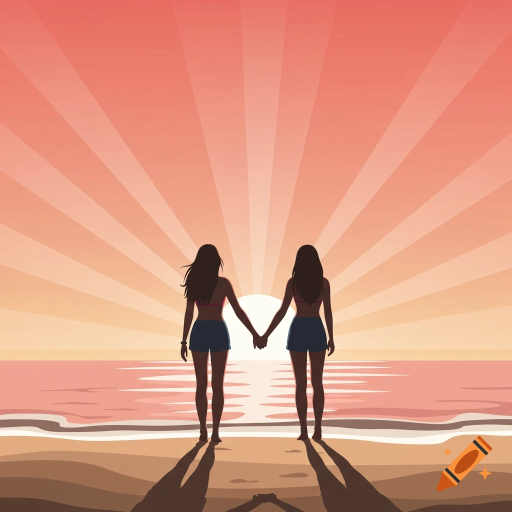 Two young women holding hands, silhouetted against a vibrant sunrise over a beach in an illustration.