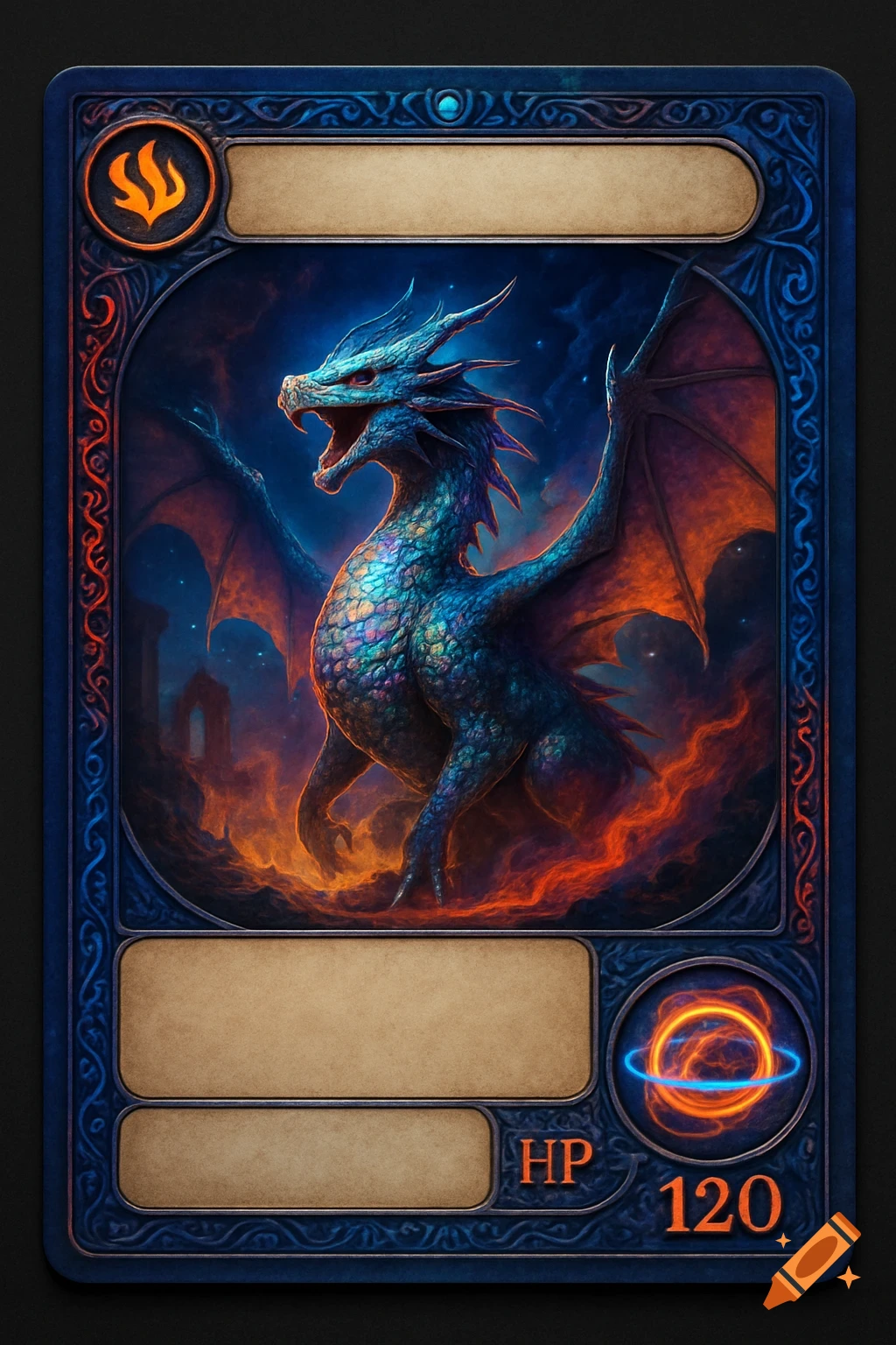 Vibrant fantasy trading card with a detailed blue and green dragon exhaling fire, ornate blue borders, and HP 120 text.
