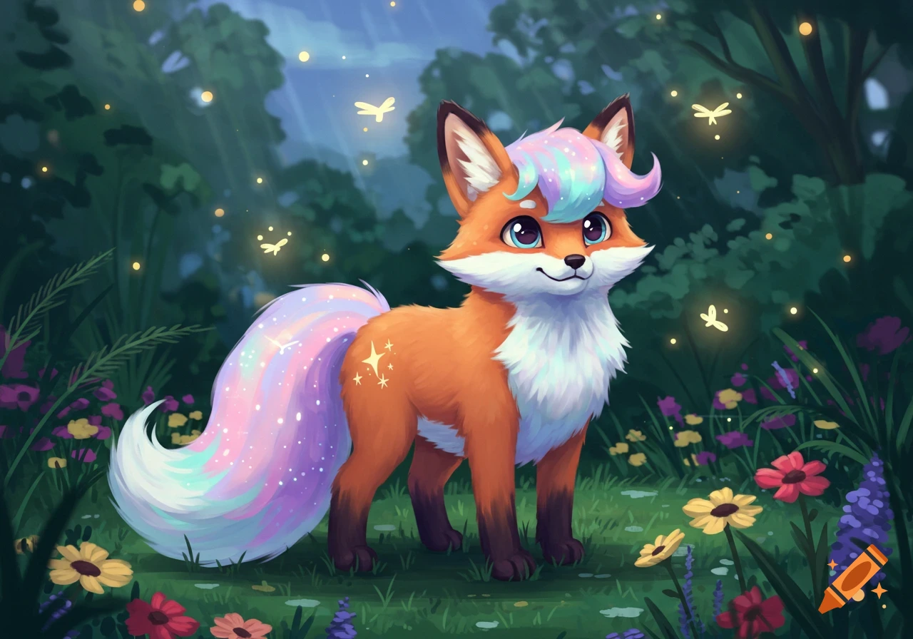 A cute, stylized fox with a rainbow mane and tail stands in a magical forest with fireflies and flowers.