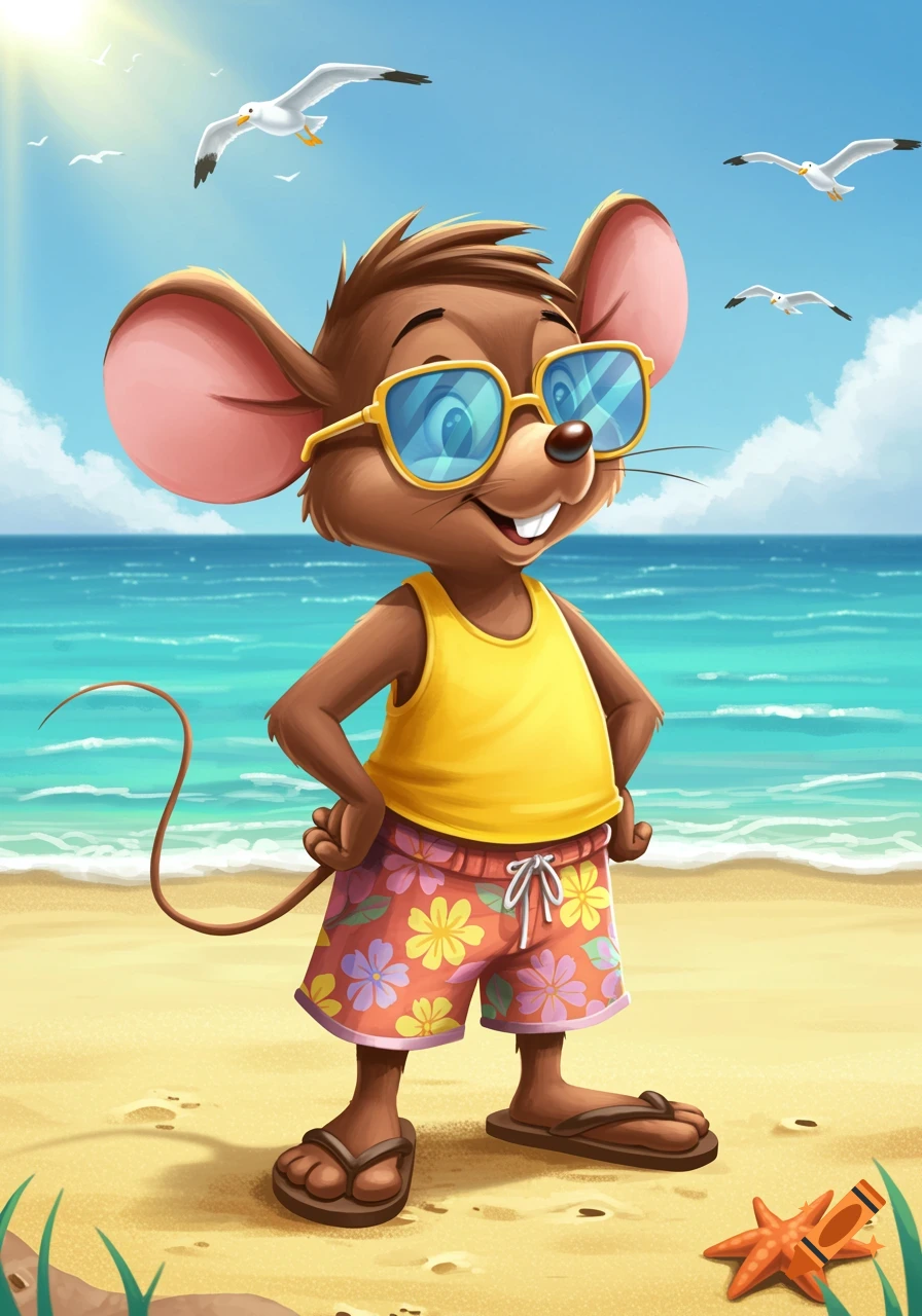 A cartoon mouse wearing sunglasses, a yellow tank top, and flowered shorts stands on a sandy beach by the ocean, with seagulls flying above.