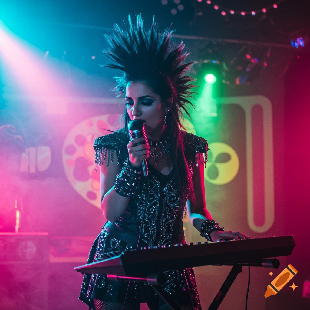 A punk rocker woman with a mohawk sings into a microphone while playing a synthesizer on a neon-lit stage.