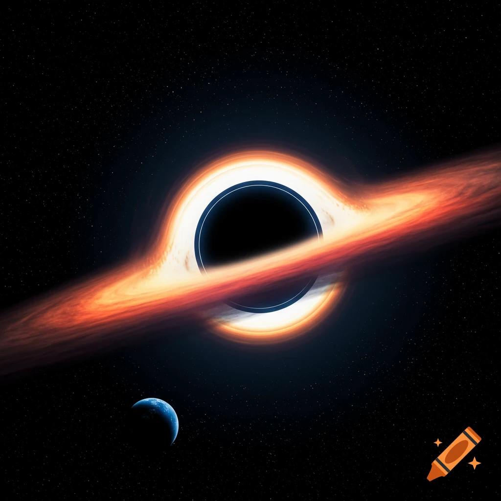 A large black hole with a bright orange and red accretion disk, with a small blue planet in the lower left against a starry dark space background.