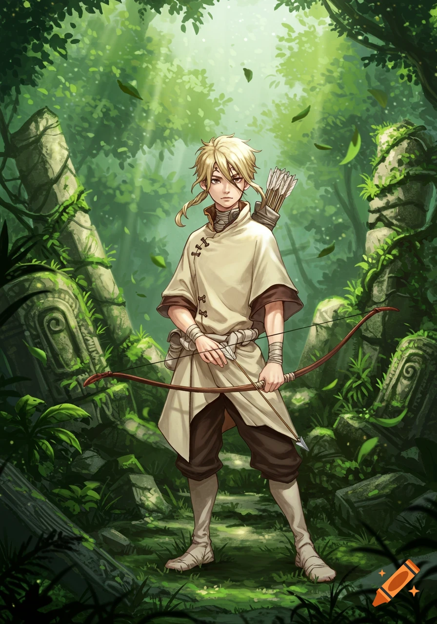 An anime character with blonde hair, a bow, and a quiver of arrows stands in a lush green jungle with ancient stone ruins.