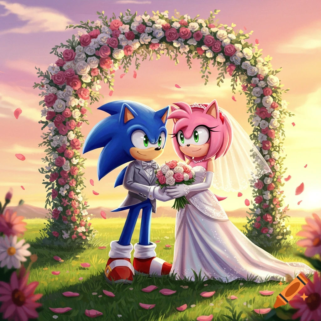 Sonic and Amy Rose in wedding attire stand under a large floral arch, holding a bouquet, in a sunny outdoor setting.