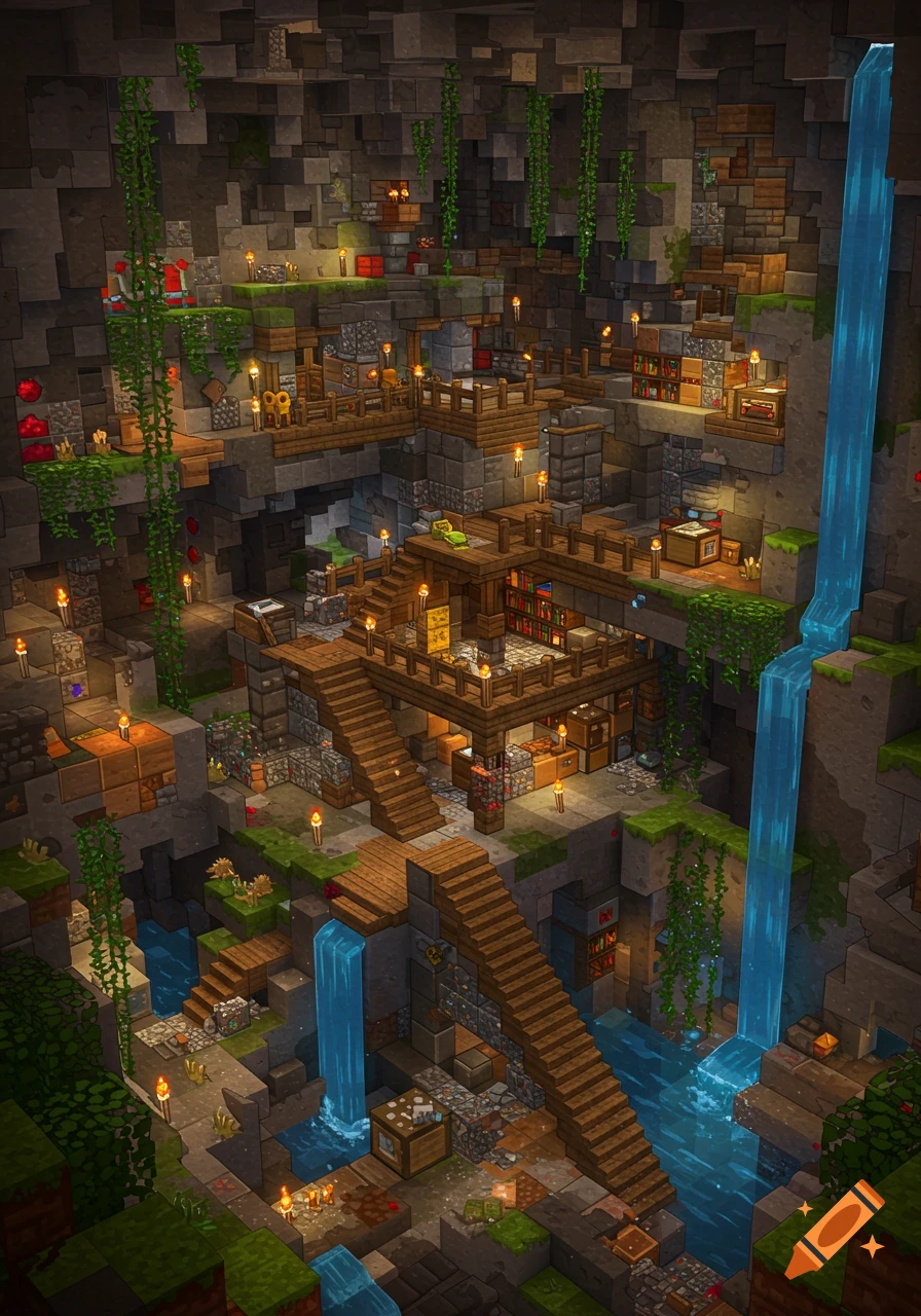 An elaborate, multi-level Minecraft-style underground base built into a cave system with waterfalls, torches, and wooden structures.