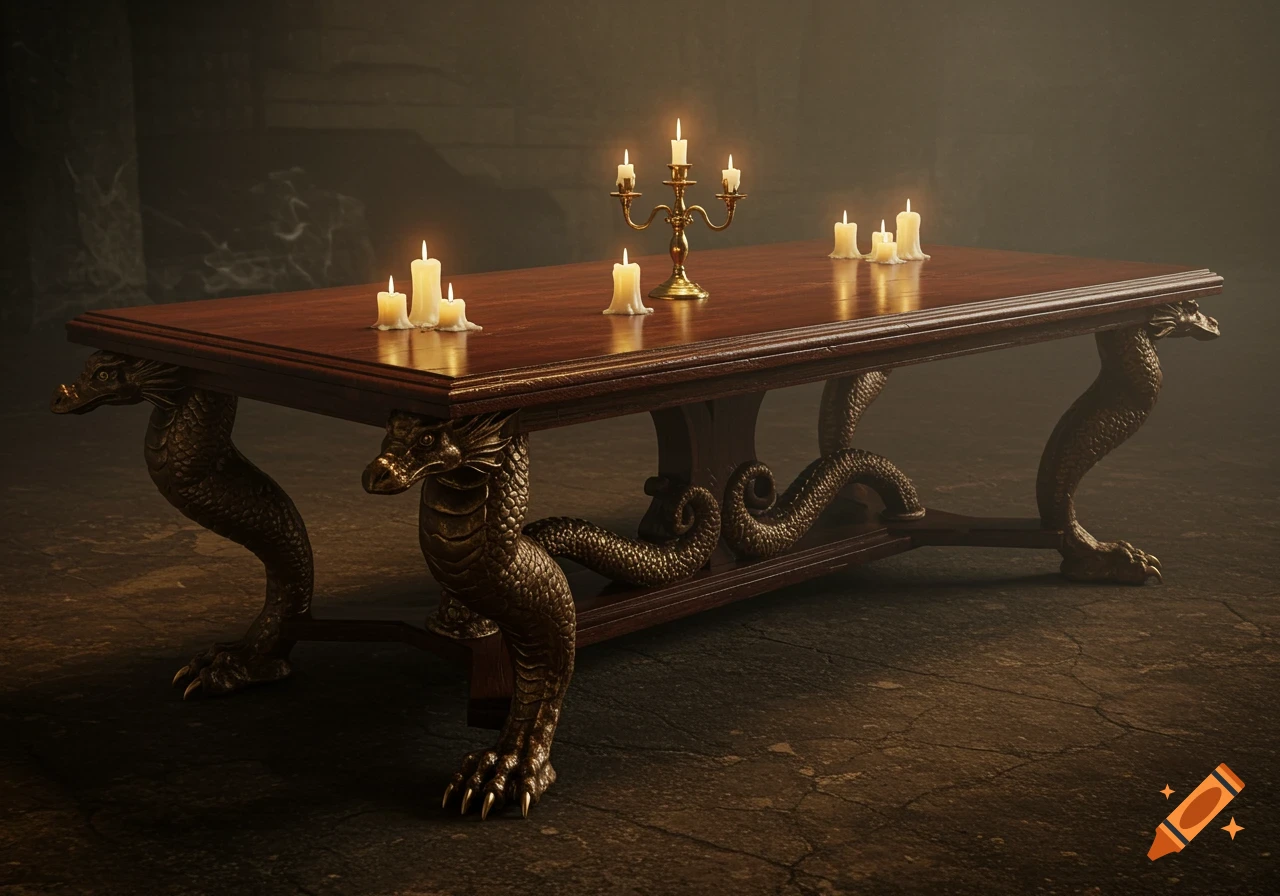 Photorealistic image of a large wooden table with ornate dragon legs, illuminated by several lit candles and a candelabra in a dark, ancient room.