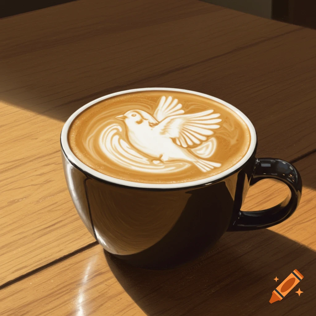 Close-up of a black coffee cup on a wooden table, featuring intricate white latte art depicting a bird with spread wings. Sunlight casts shadows.