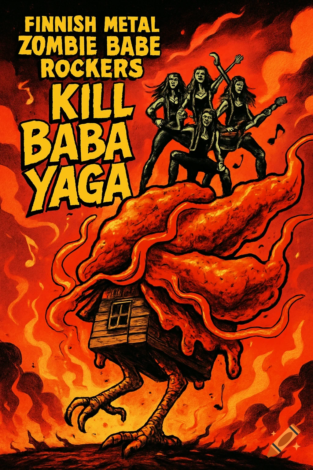 Album cover art featuring a metal band standing on Baba Yaga's house with chicken legs, engulfed in orange flames and smoke. Text reads: FINNISH METAL ZOMBIE BABE ROCKERS KILL BABA YAGA.