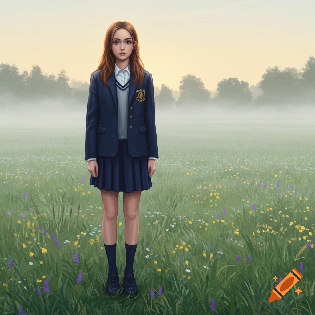 A girl with long brown hair, wearing a blue school uniform, stands in a misty field of wildflowers.