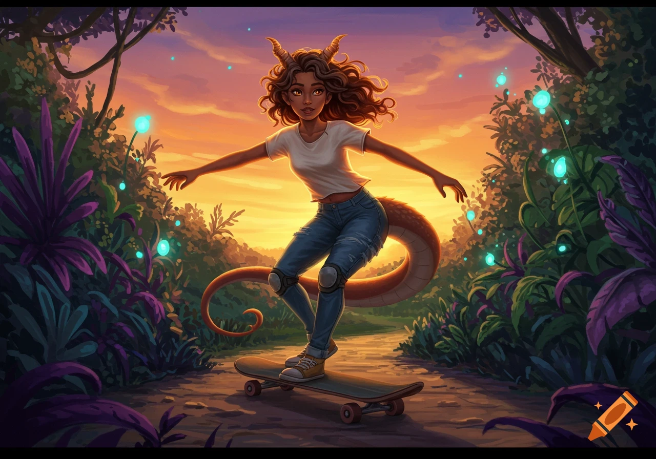 An illustration of a dragon girl with horns and a tail skateboarding through a vibrant, magical forest at sunset.
