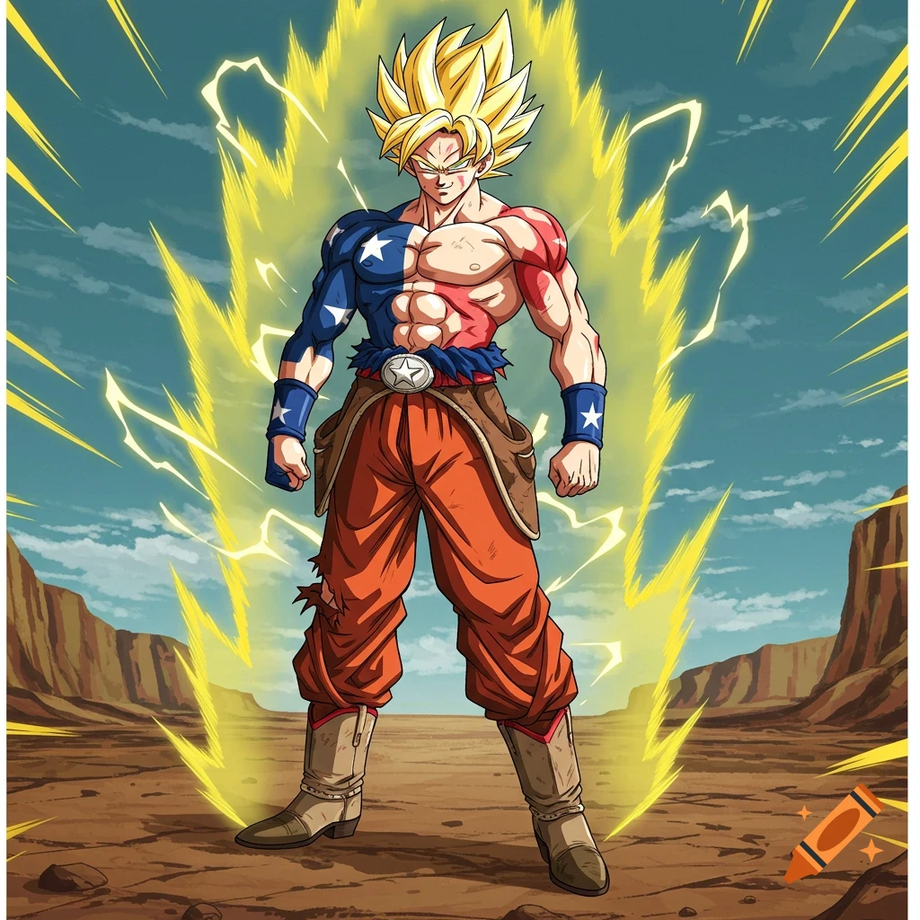 Anime style Super Saiyan Goku with Texas flag-themed attire, standing in a desert with a yellow aura.