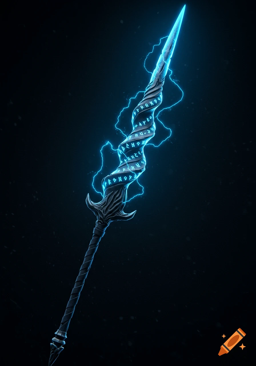 A glowing blue fantasy lance with electricity crackling around its spiral shaft, which is carved with blue runes.