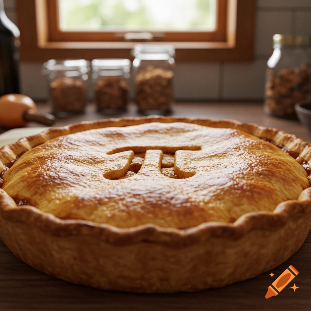 A photorealistic image of a freshly baked golden-brown apple pie with a mathematical pi symbol carved into its top crust, sitting on a wooden counter in a kitchen.