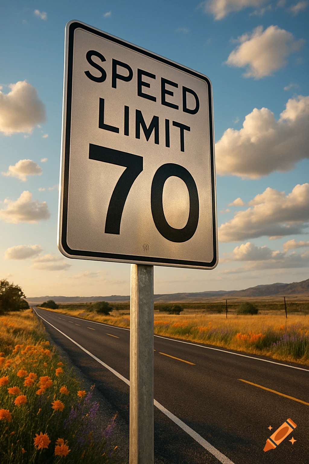 A photorealistic speed limit 70 sign stands beside a rural road, with fields of wildflowers and distant mountains under a cloudy sky.