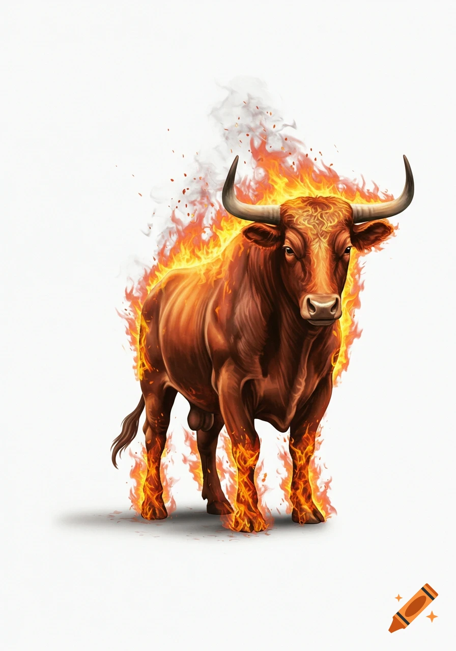 A majestic brown bull, engulfed in bright orange flames and smoke, stands against a white background.