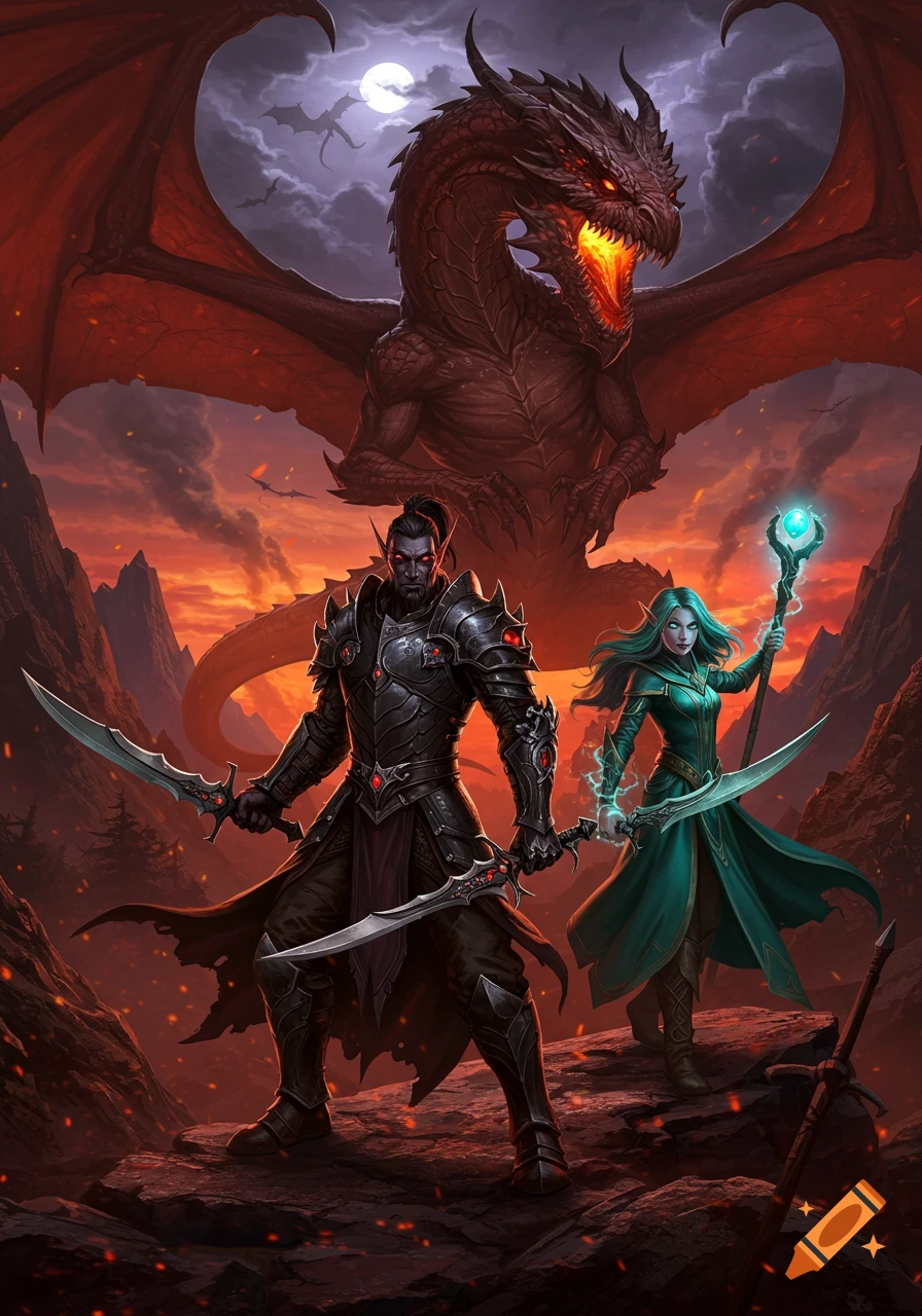 A male dark elf with dual swords and a female mage with a glowing staff stand before a large red dragon in a dramatic, fiery landscape.