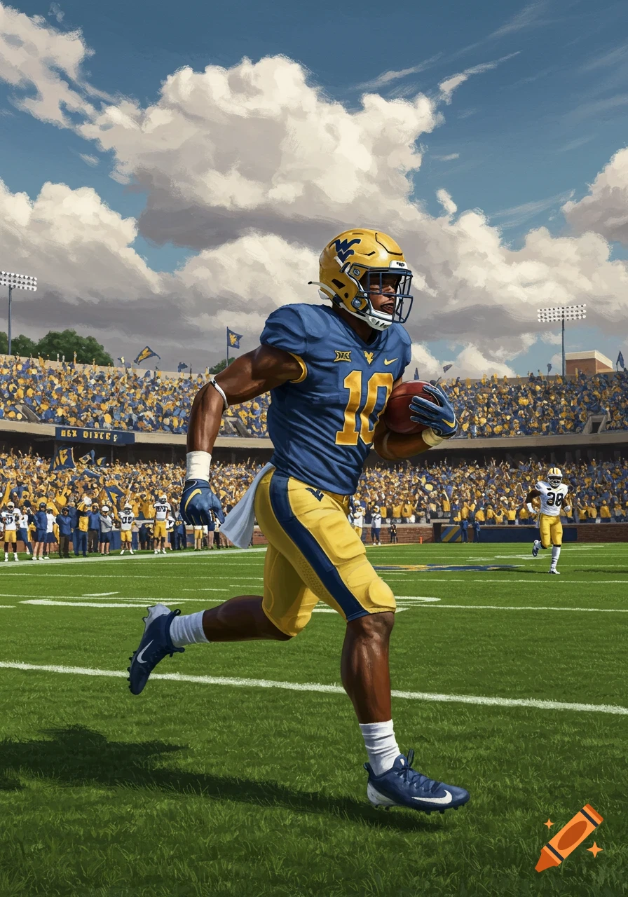 A West Virginia football player in blue and gold uniform runs with the ball on a green field in a stadium filled with cheering fans under a cloudy sky.